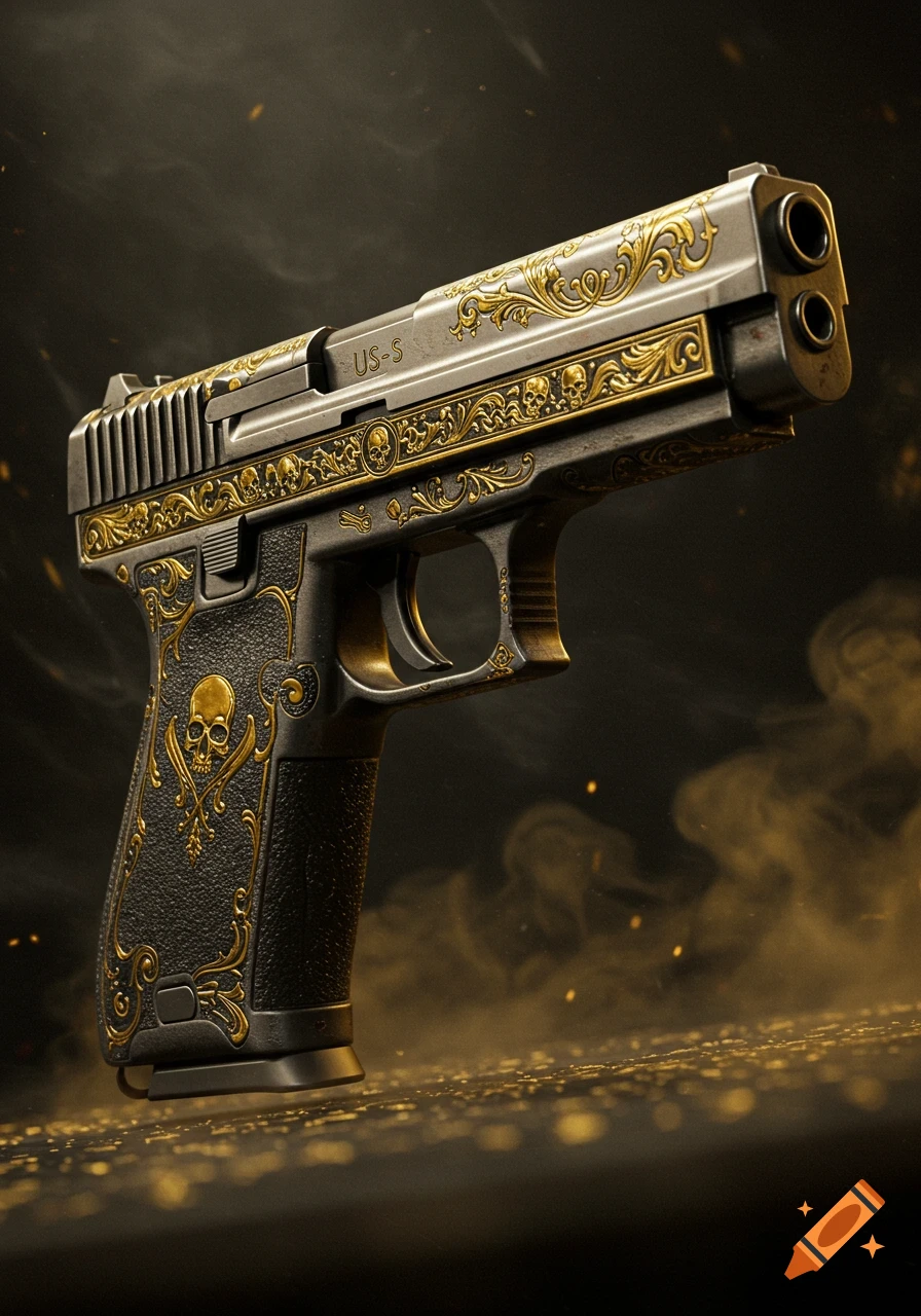 A highly detailed, ornate handgun, black with extensive gold filigree and skull motifs, against a dark, smoky background.