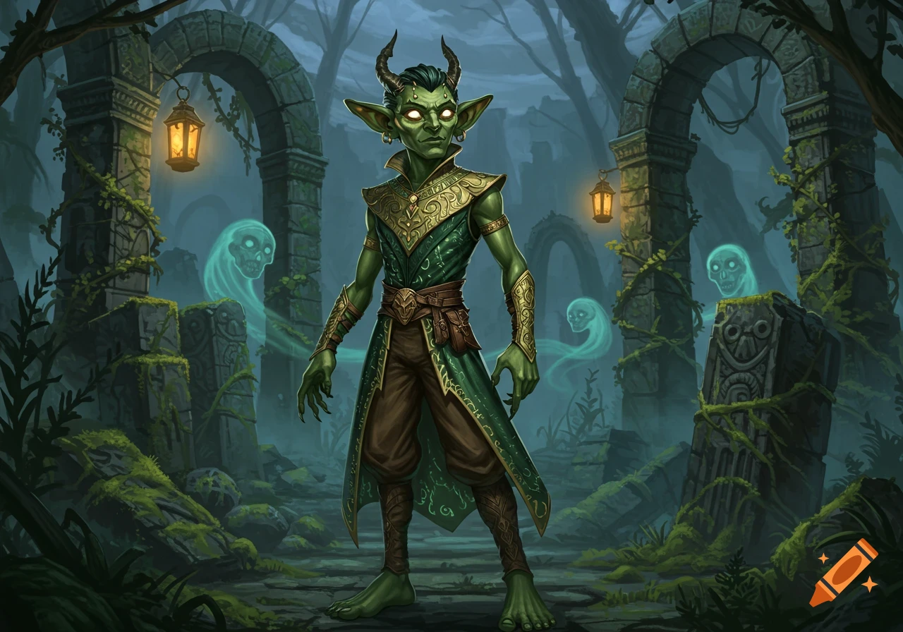 A green-skinned, horned fantasy creature in fancy robes stands in mossy ruins with glowing ghosts and lanterns.