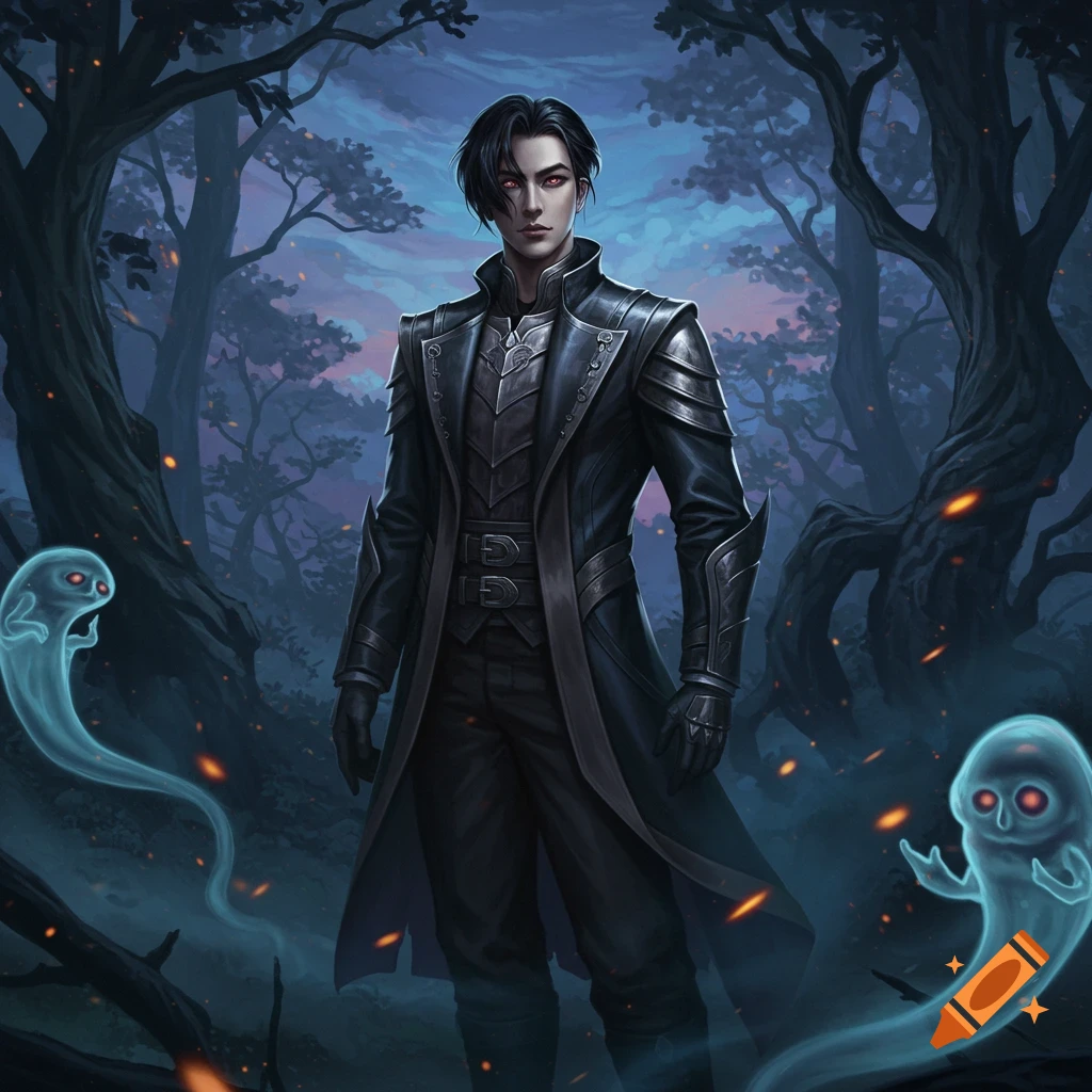 A dark-haired man with red eyes in a black coat and armor stands in a misty, dark forest with two glowing blue ghosts.