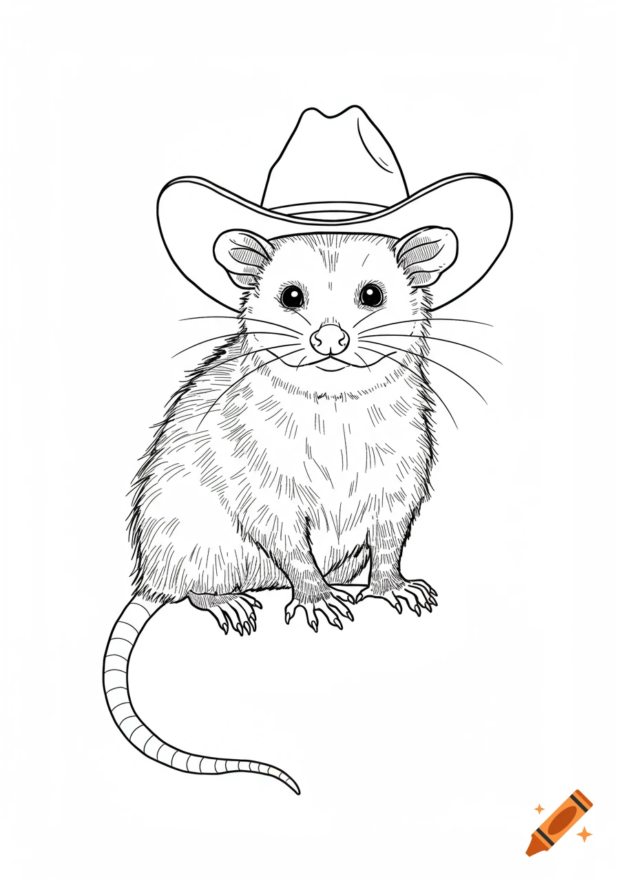 Black and white fine line drawing of an opossum wearing a cowboy hat.