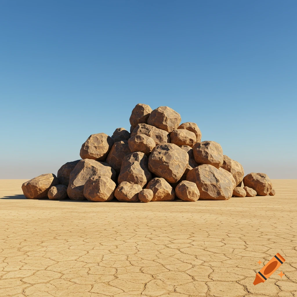 A pile of brown boulders sits in the middle of a dry, cracked desert under a clear blue sky.