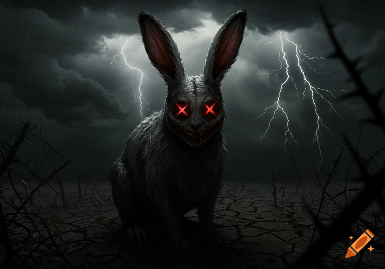 An evil-looking rabbit with glowing red X-shaped eyes sits on cracked earth under a stormy, lightning-filled sky.