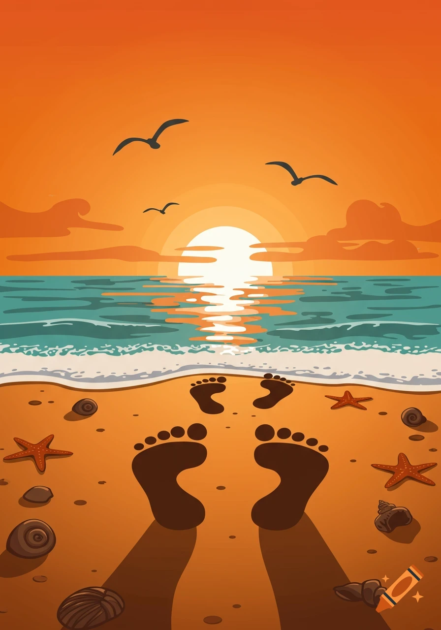 Cartoon illustration of footprints on a sandy beach at sunset, with seagulls flying over the ocean.