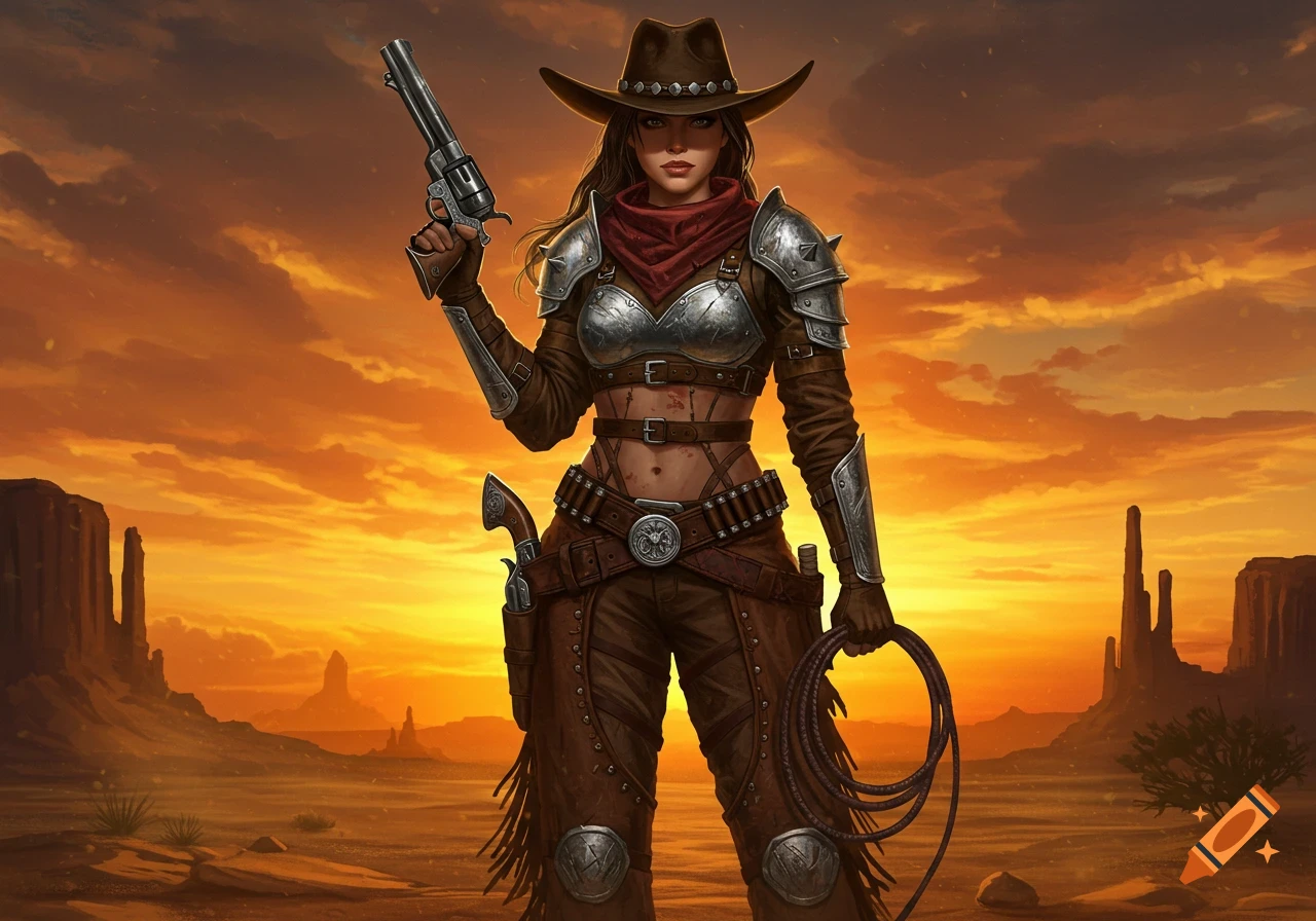 A fierce cowgirl warrior in armor holds a gun and lasso in a desert at sunset.