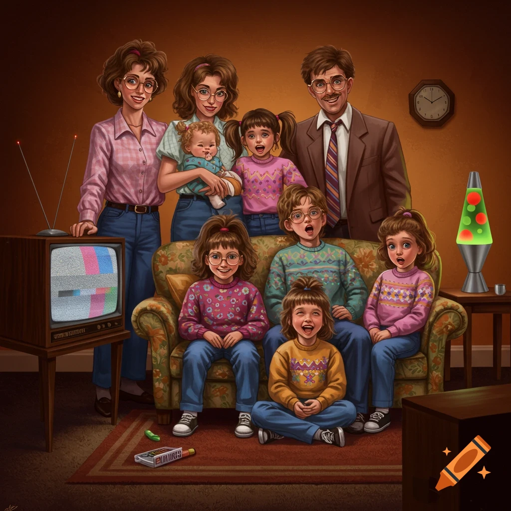 A large 80s family portrait in an illustrative style, with parents, children, a baby, and retro objects like a TV and lava lamp.