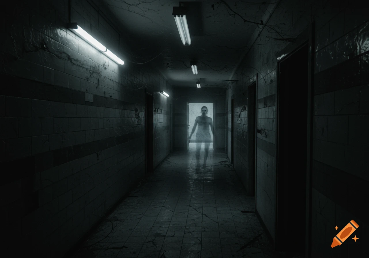 A terrifying, translucent figure stands at the end of a dark, abandoned hallway lit by fluorescent lights.