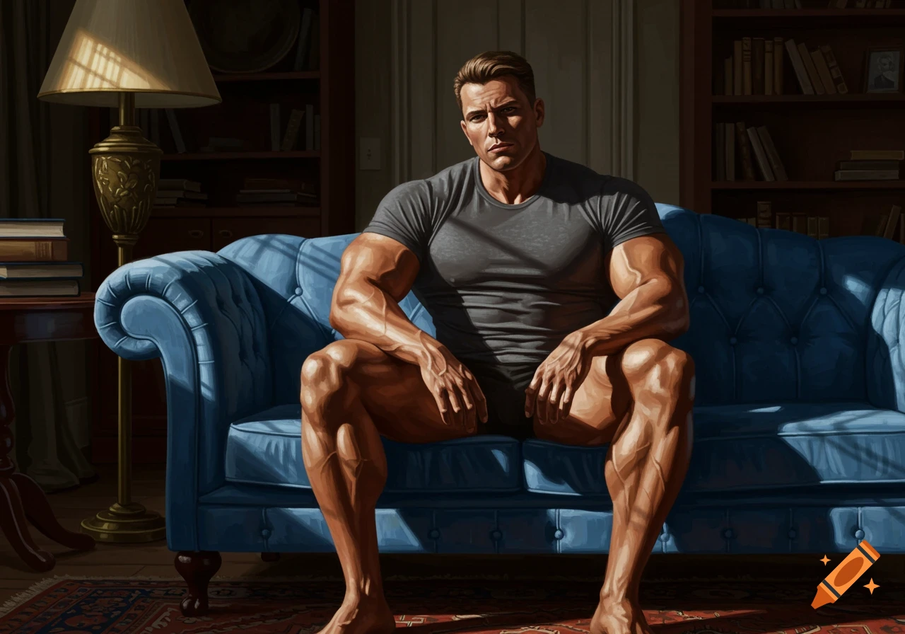 A muscular bodybuilder in a gray t-shirt and shorts sits on a blue couch in a room with warm sunlight, rendered in a realistic painting style.