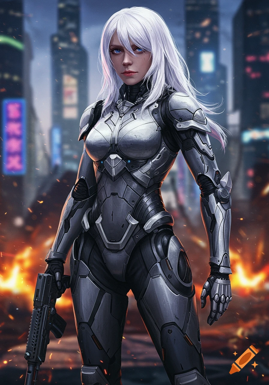 A woman with white hair and blue eyes in futuristic metallic armor holds a rifle, standing in a cityscape with fire in the foreground.