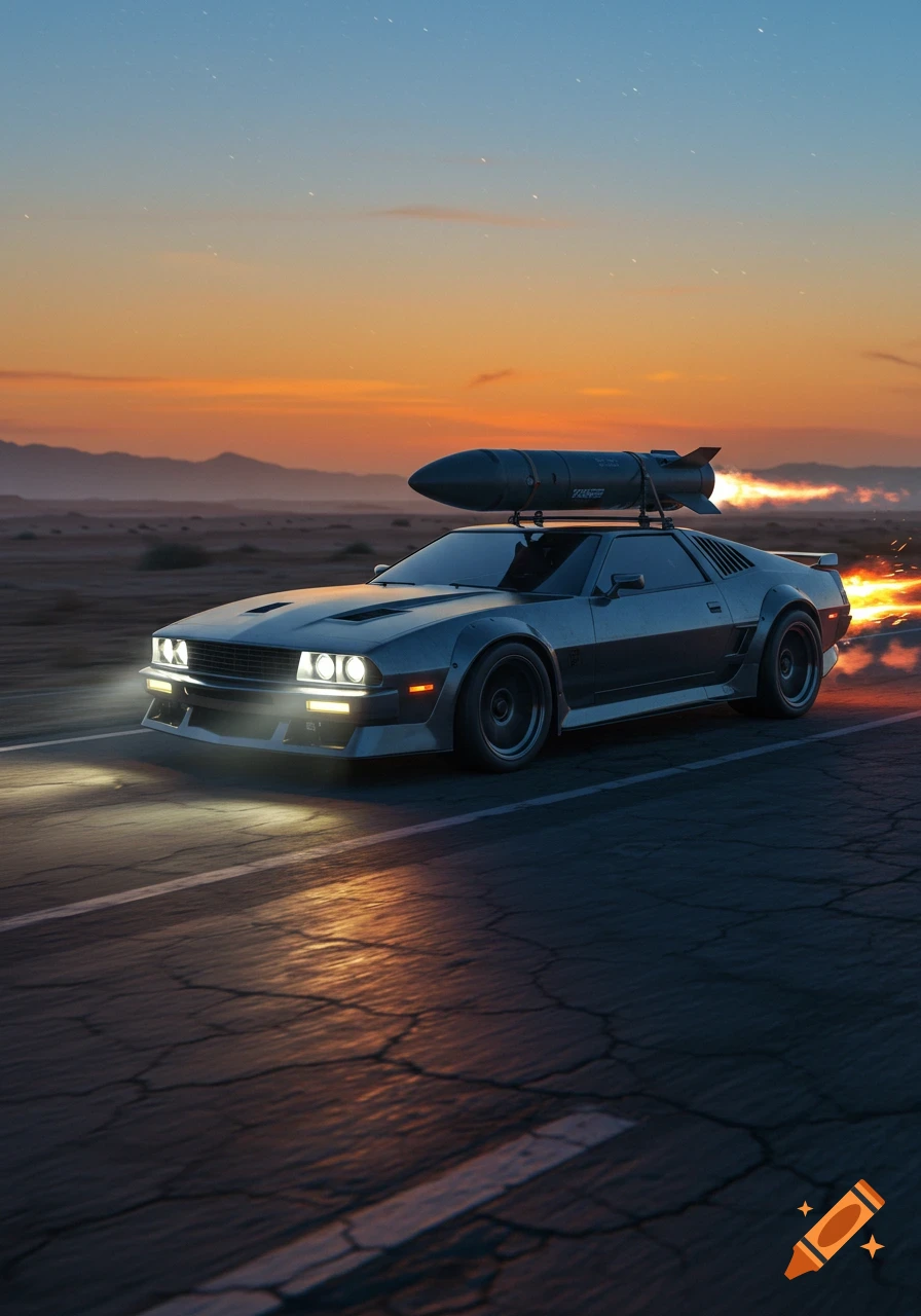 A retro-futuristic car with a large missile on its roof speeds down a desert road at sunset, with exhaust flames.