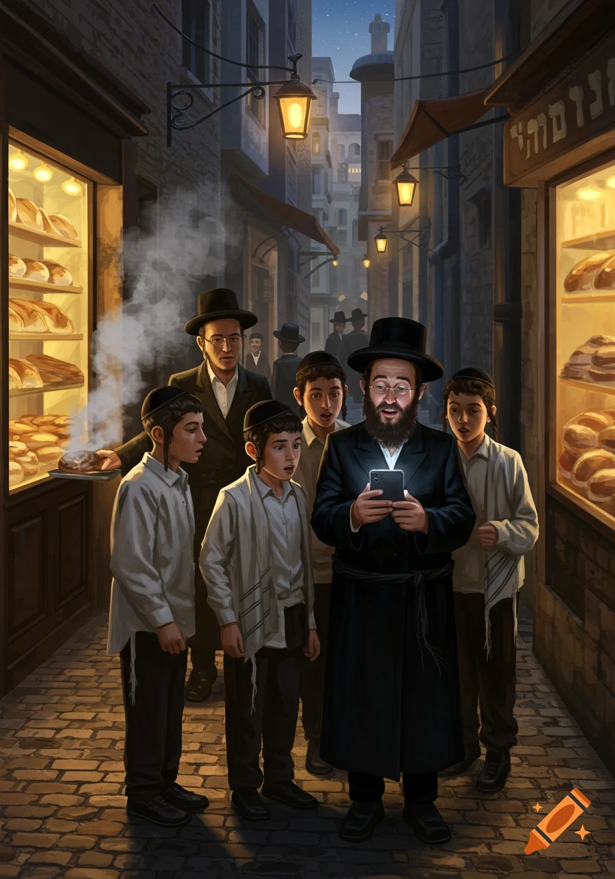 An Ultra-Orthodox Jewish man shows a glowing smartphone to several boys and men on a narrow, lamplit street lined with bakeries.