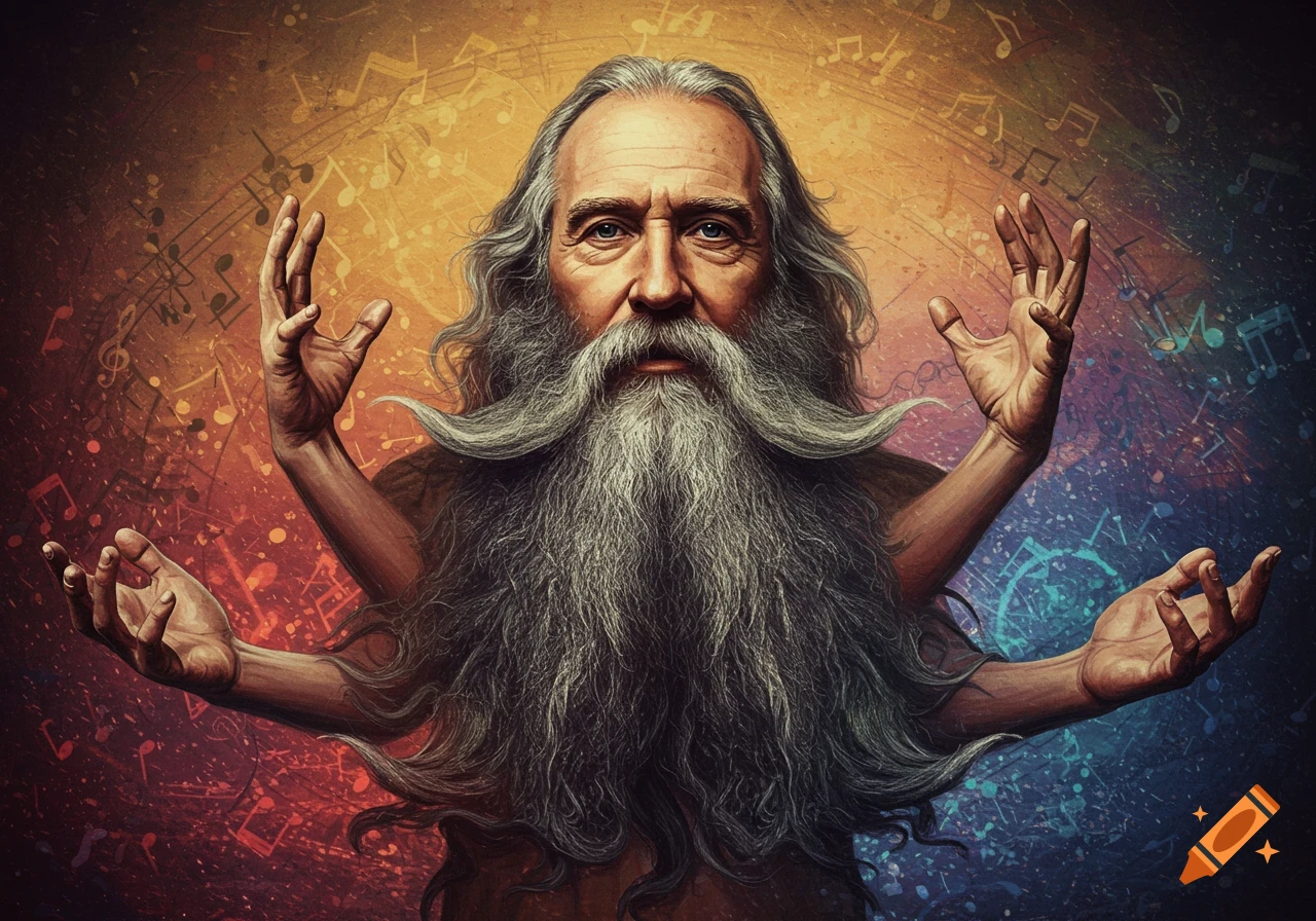 An old man with a long grey beard and multiple arms emerging from his body, set against a colorful background with musical notes.