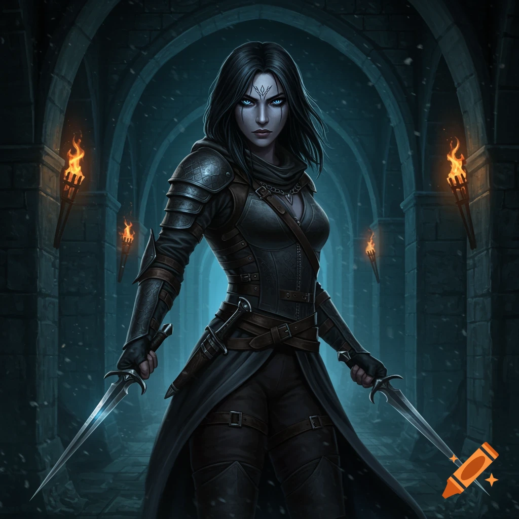 A dark-haired female rogue with glowing blue eyes in black armor holds daggers in a torchlit stone dungeon hallway.