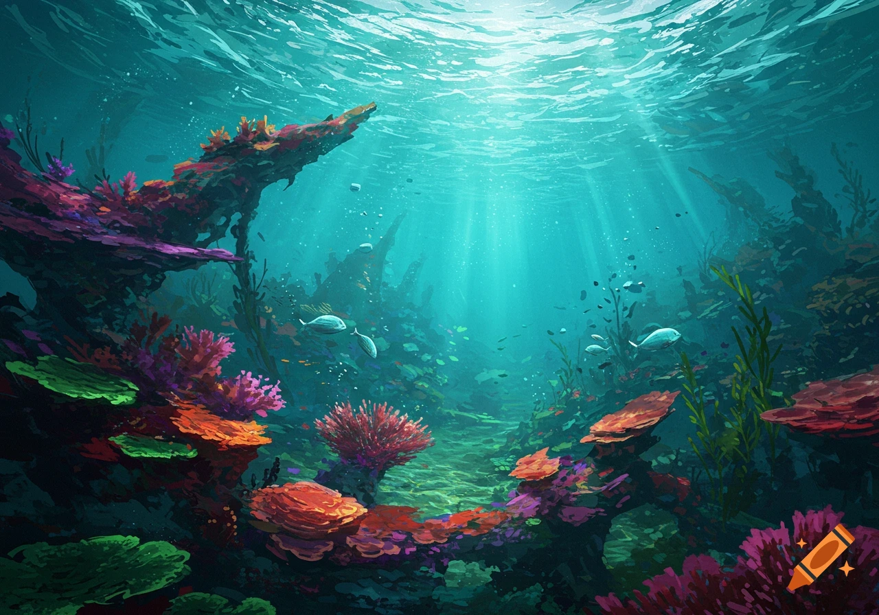 Vibrant abstract illustration of an underwater coral reef with sunlight and small fish.