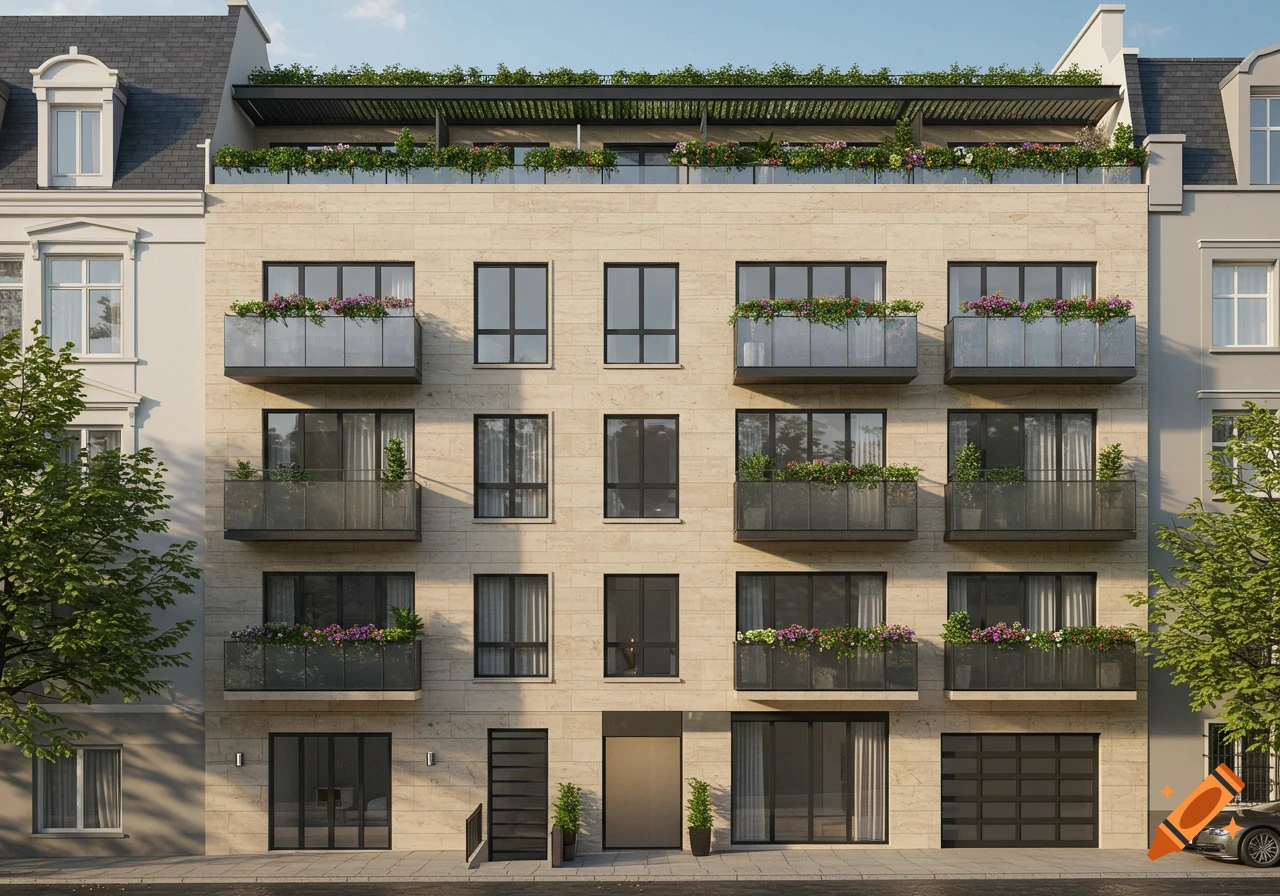 Photorealistic image of a modern multi-story apartment building with a beige stone facade, numerous balconies with flowers, and a green rooftop terrace.