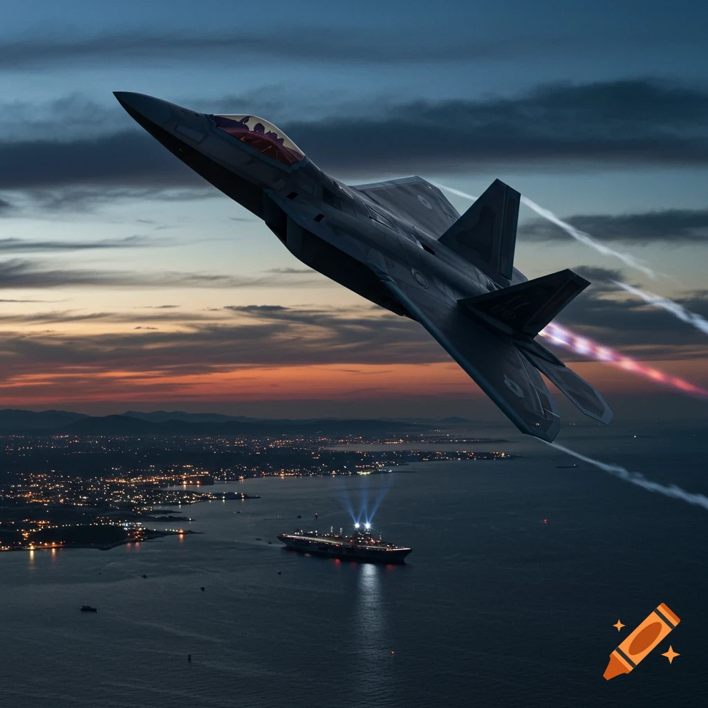 A photorealistic F-22 Raptor fighter jet with glowing exhausts flies low over a coastal city and an aircraft carrier at dusk.