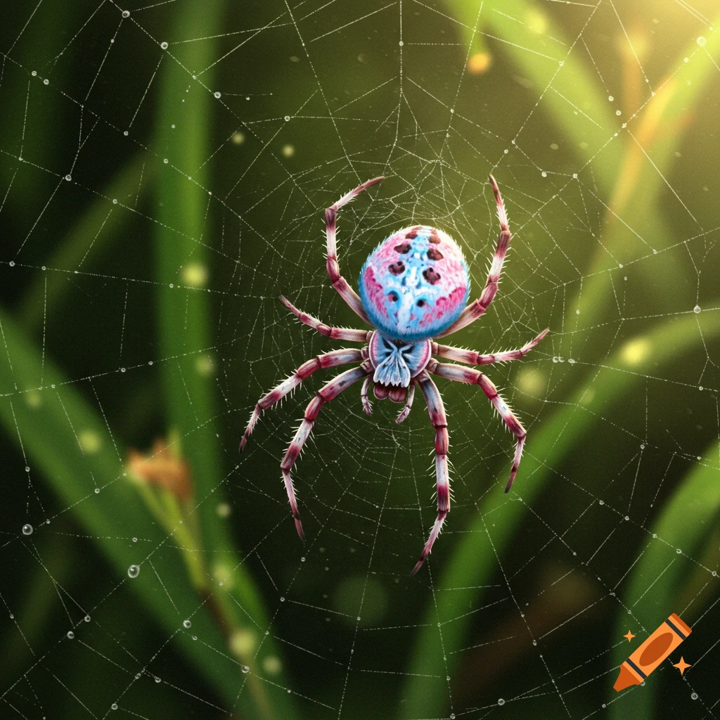 A colorful pink and blue spider with black markings sits on a dewy spiderweb against a vibrant green, sunlit background.