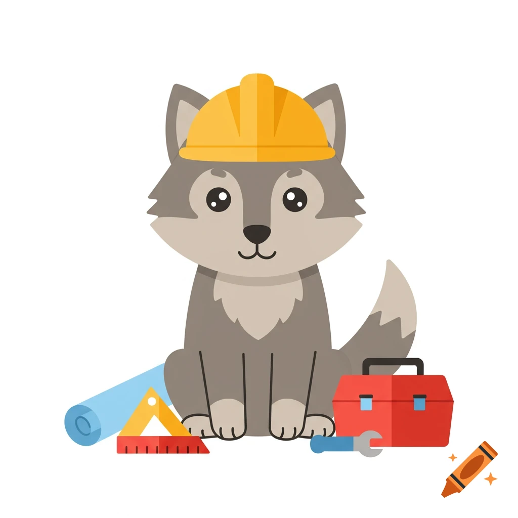 A cute gray cartoon wolf wearing a yellow construction hard hat, sitting among a blue rolled blueprint, a yellow and red ruler, a red toolbox, and a wrench on a white background.