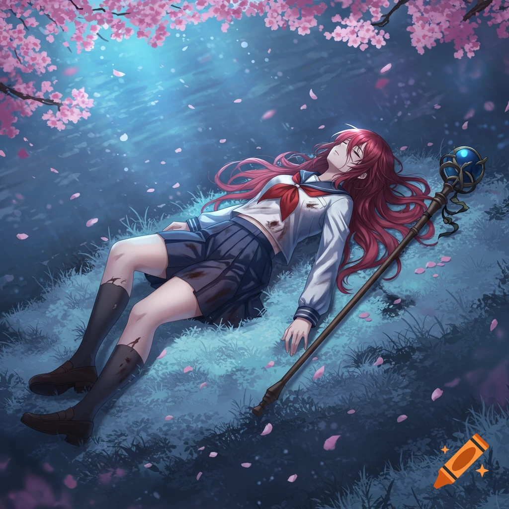 Anime girl with red hair in a school uniform lying on the ground under a cherry blossom tree, appearing unconscious or injured.