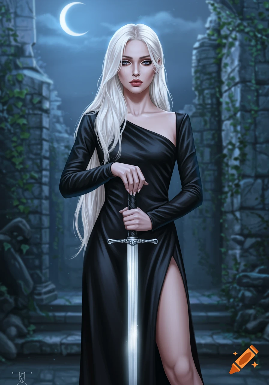 A platinum blonde woman in a black dress holds a glowing sword in front of old ruins under a crescent moon.