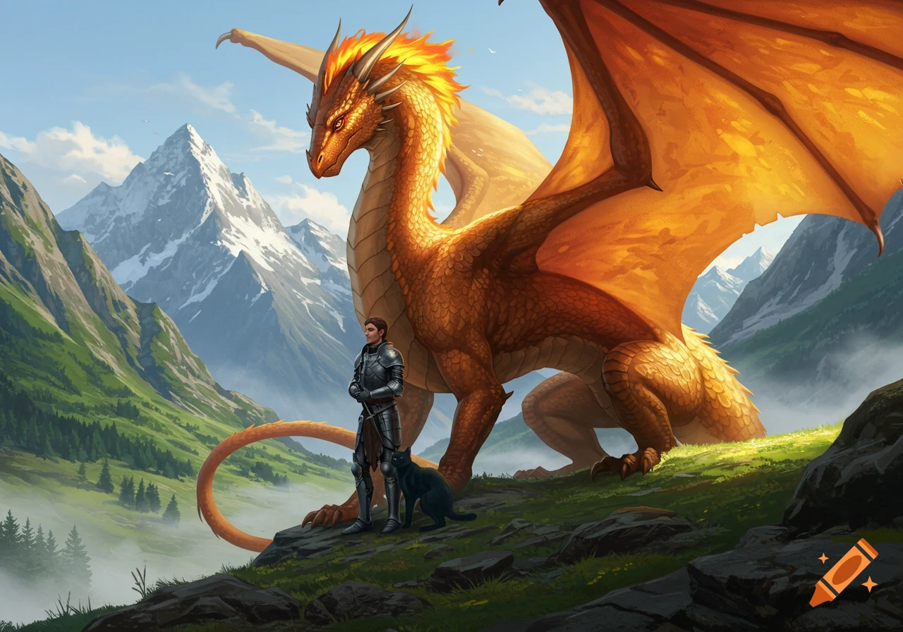 A majestic golden dragon stands beside a knight in silver armor and a black cat in a vibrant mountain valley.