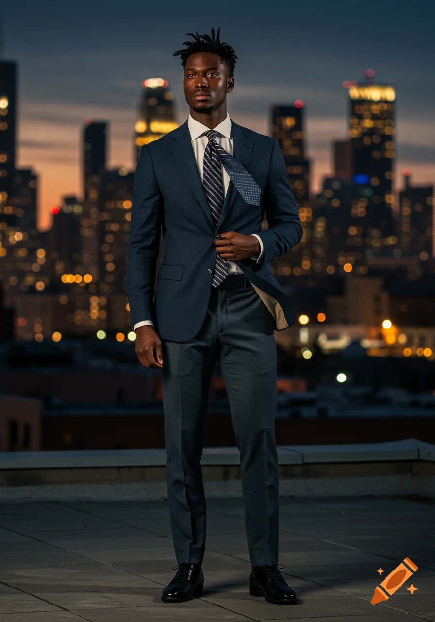 A man in a blue suit stands on a rooftop with a city skyline at dusk.