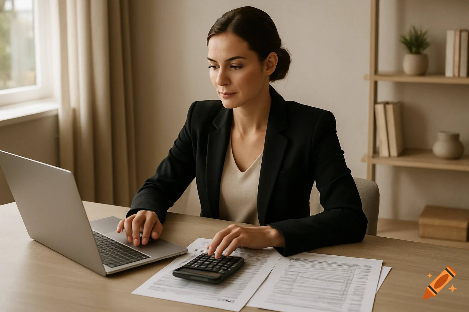 A professional businesswoman works on a laptop, with tax documents and a calculator on a desk in a home office.