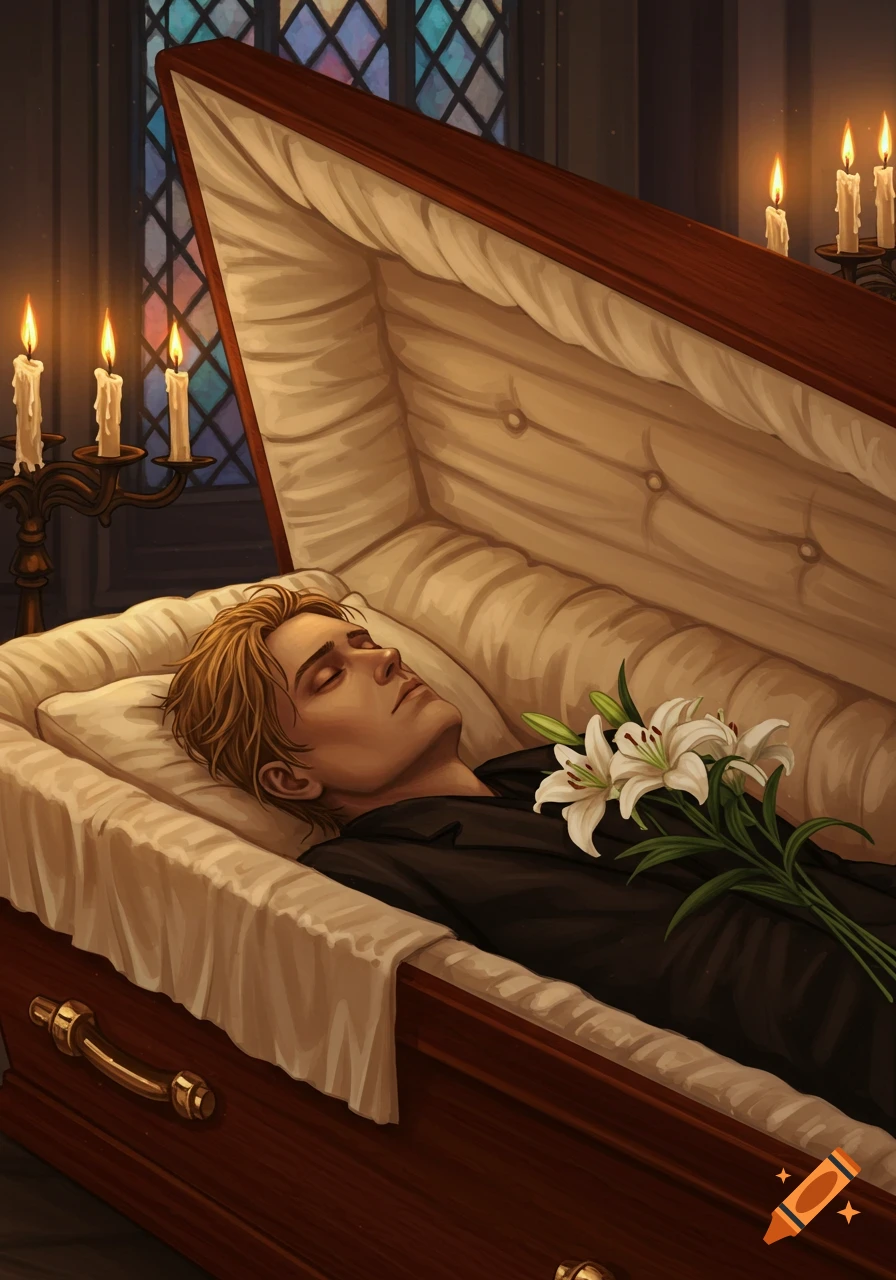 An illustrated man with blonde hair lies in a coffin with lilies on his chest, lit by candles in a room with a stained glass window.