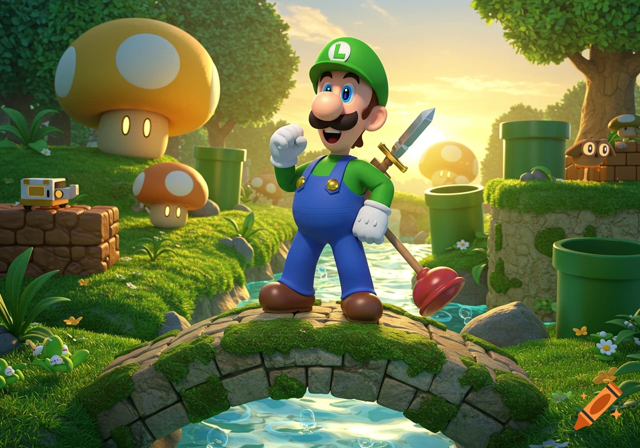 Luigi stands on a mossy bridge holding a sword and plunger in a sunny Super Mario landscape with large mushrooms, pipes, and a stream.