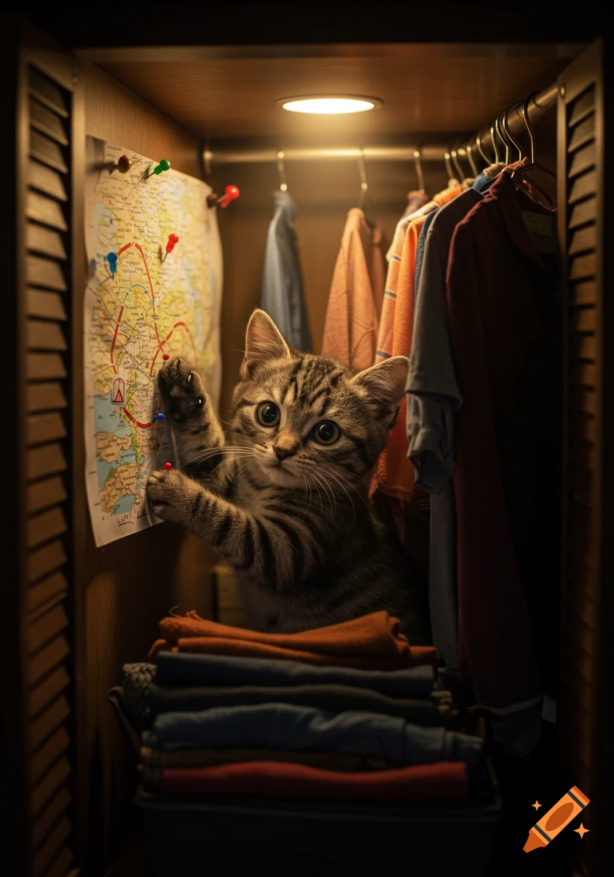 A photorealistic tabby cat in a dark closet reaches for a map pinned to the wall, surrounded by clothes.