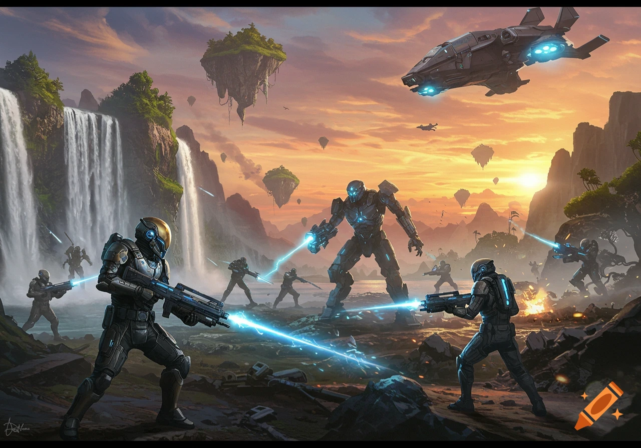 Futuristic soldiers battle a large mech with laser weapons in a vibrant sci-fi landscape with waterfalls and floating islands at sunset, a spaceship flies above.