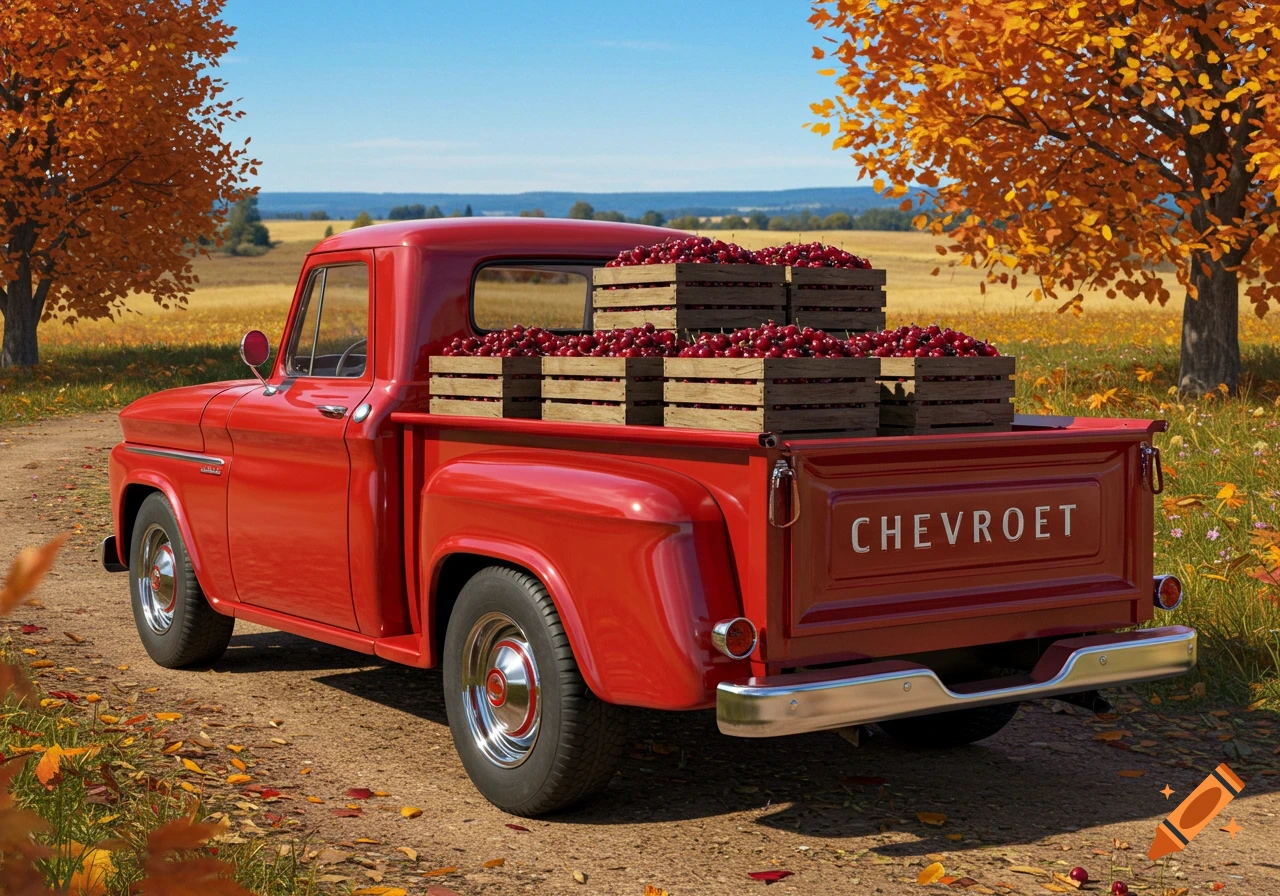 A photorealistic zoomed-out view of a red vintage truck with stacked wooden crates full of dark red cherries in its bed, parked on a dirt road with autumn trees and a field in the background.