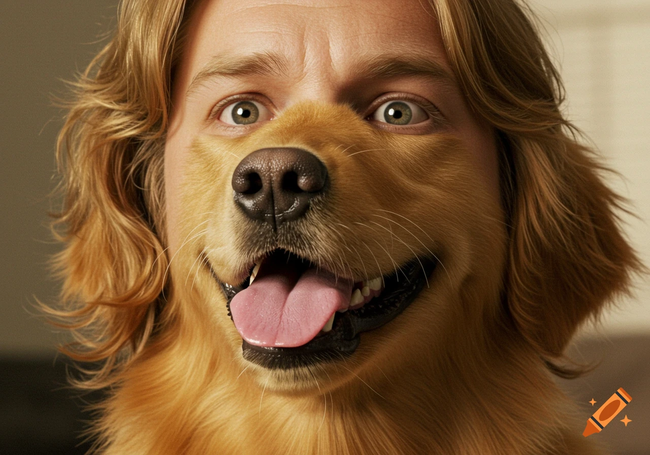 Photorealistic close-up of a human face with wide, shocked eyes and long blonde hair, blended with the snout and open mouth of a golden retriever.