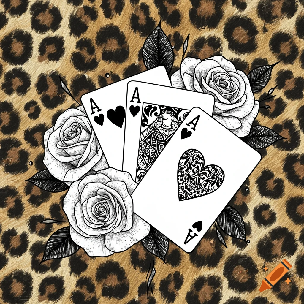 A black and white tattoo design featuring three roses and aces of hearts on a leopard print background.