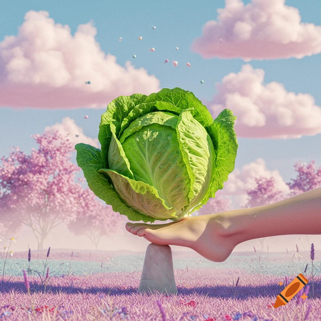 A human foot balances a head of cabbage on a small stone in a vibrant purple field with pink clouds and trees.