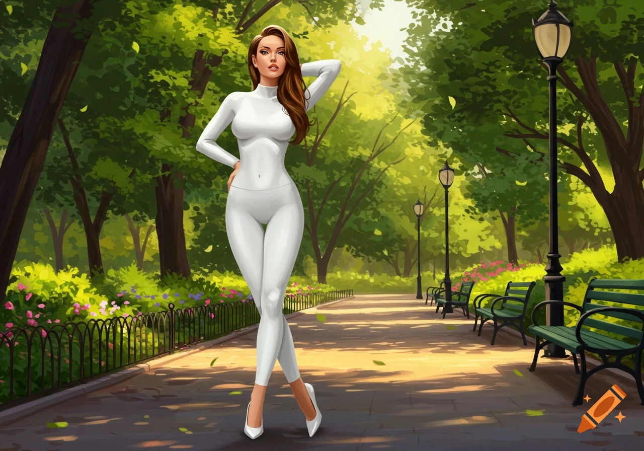 A digital illustration of a woman in a white full-body outfit posing on a sunny park path with trees and benches.