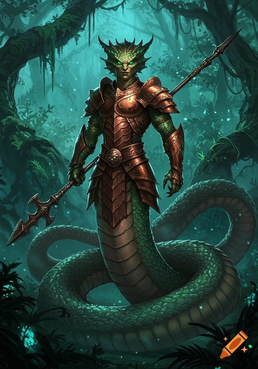 A green scaled Naga warrior with glowing eyes, wearing bronze armor and holding a spear, stands in a dark mystical jungle.