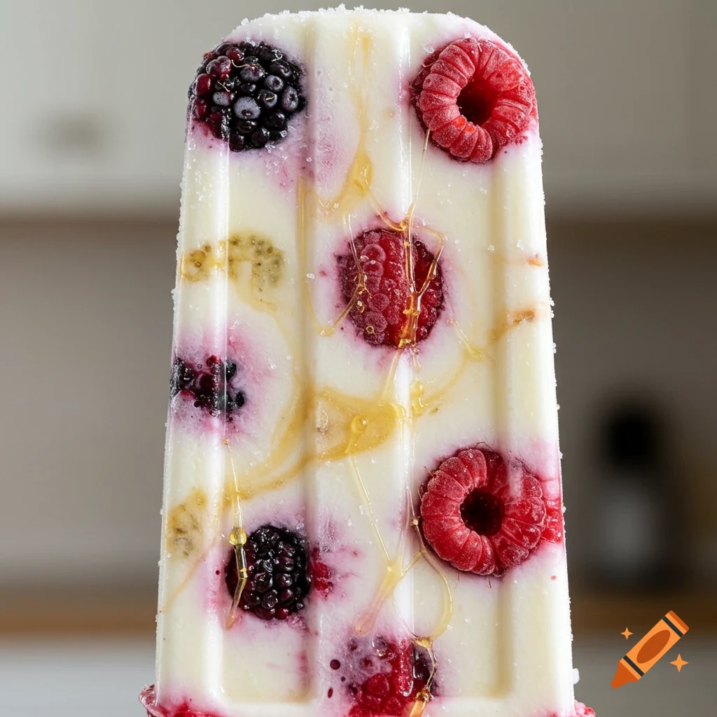 Close-up of a frosty white yogurt popsicle with blackberries and raspberries, drizzled with golden honey.