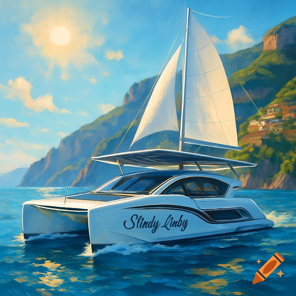 A white catamaran with a sail on the water, with mountains and a sunny sky in the background, in a painterly style.