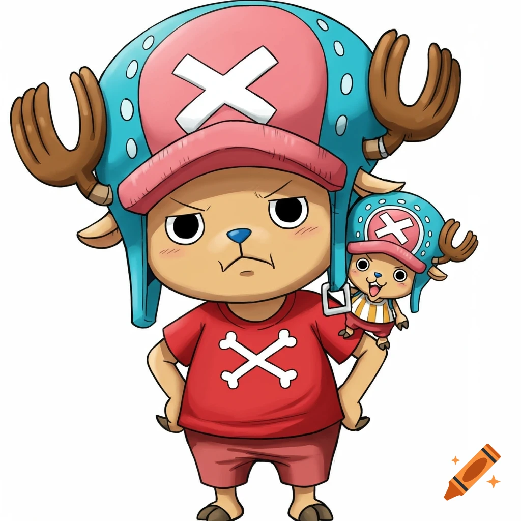 Annoyed Tony Tony Chopper in his classic outfit, with a smaller, happy Tony Tony Chopper on his shoulder, in a cute anime style.