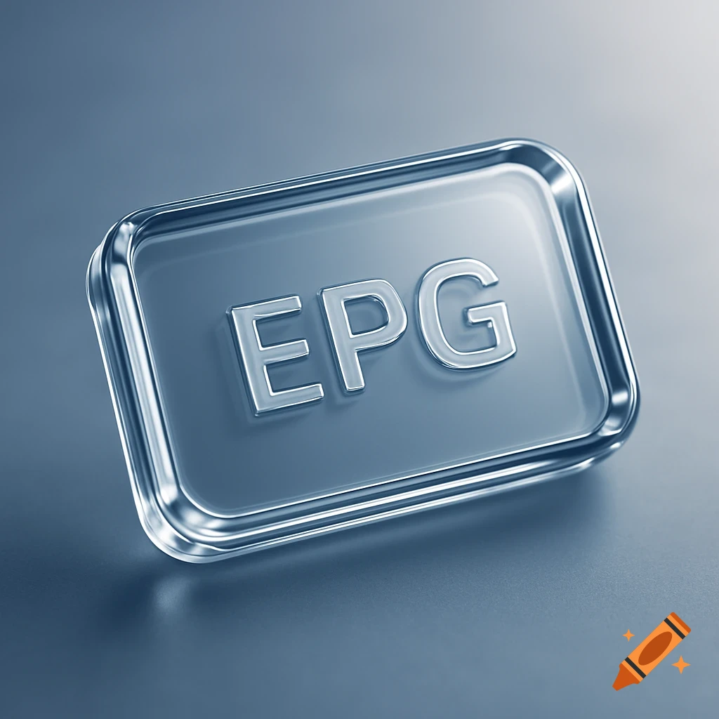 A transparent 3D rectangular button with the letters EPG embossed on it, on a grey background.