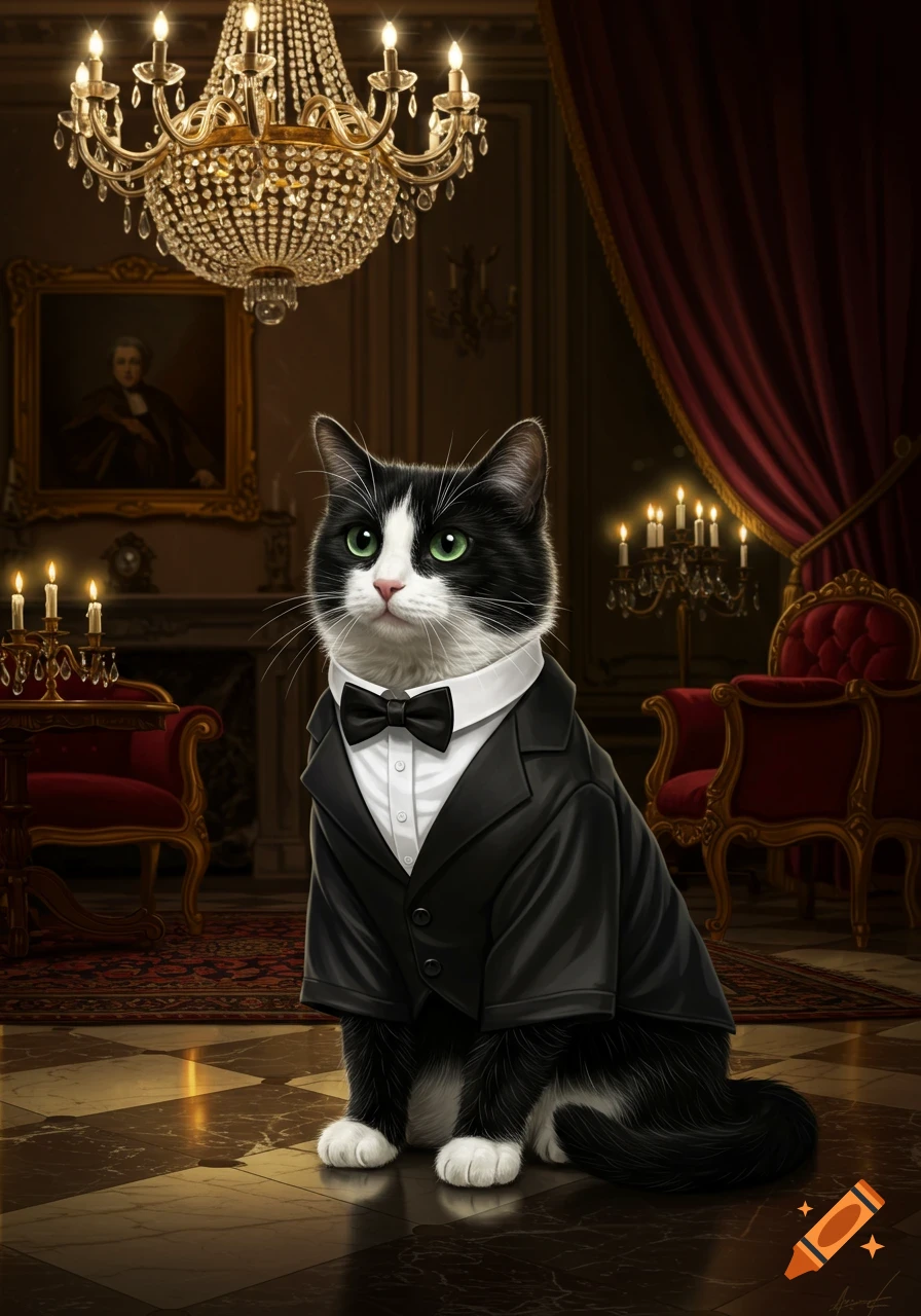A black and white tuxedo cat sits formally dressed in a black tuxedo and bow tie in a luxurious, ornate room.