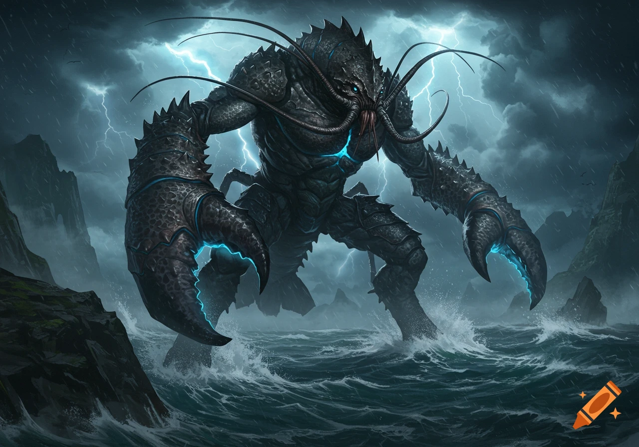 A giant, dark, lobster-like monster with glowing blue accents stands in a stormy sea under a lightning-filled sky, with rocky cliffs visible.