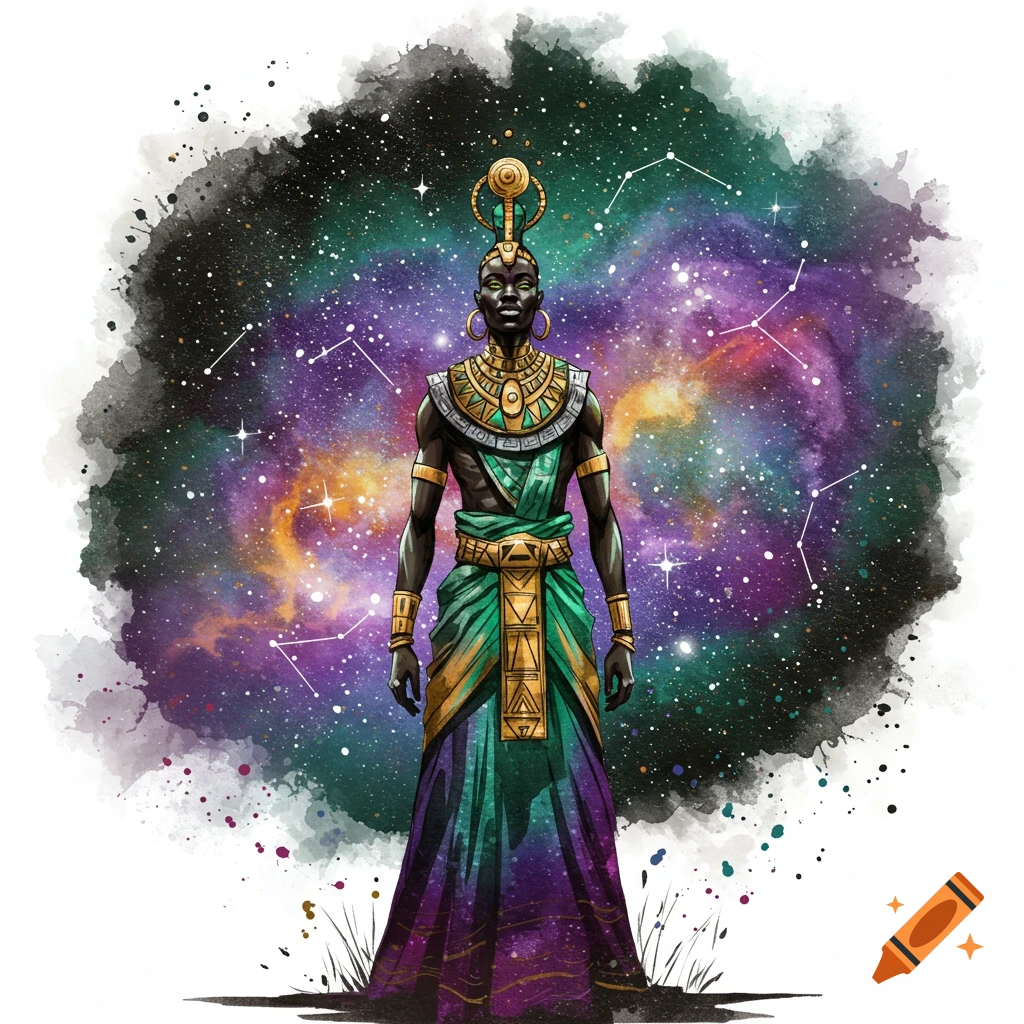 Afro-futurist figure in ornate green and purple robes standing before a vibrant watercolor galaxy background.