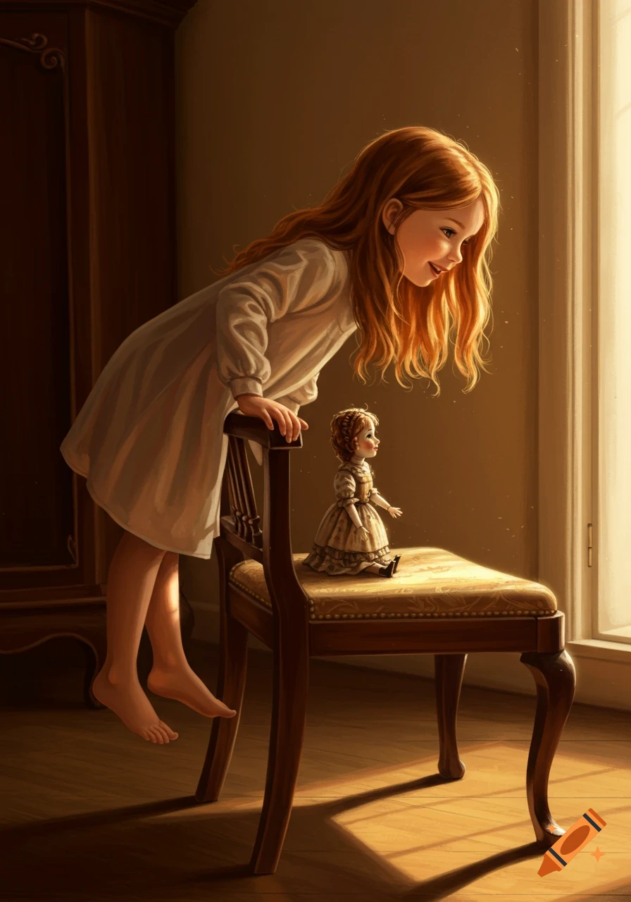 A young girl with long red hair leans over a wooden chair, looking intently at a small doll sitting on the chair's seat, bathed in warm light from a window.