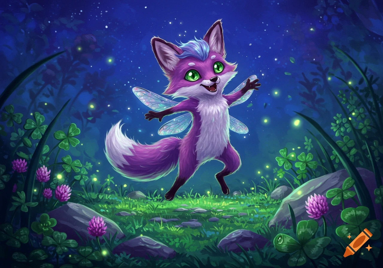 A cheerful purple fox-like fairy creature with green eyes dances in an enchanted forest at night, surrounded by clover and glowing fireflies.