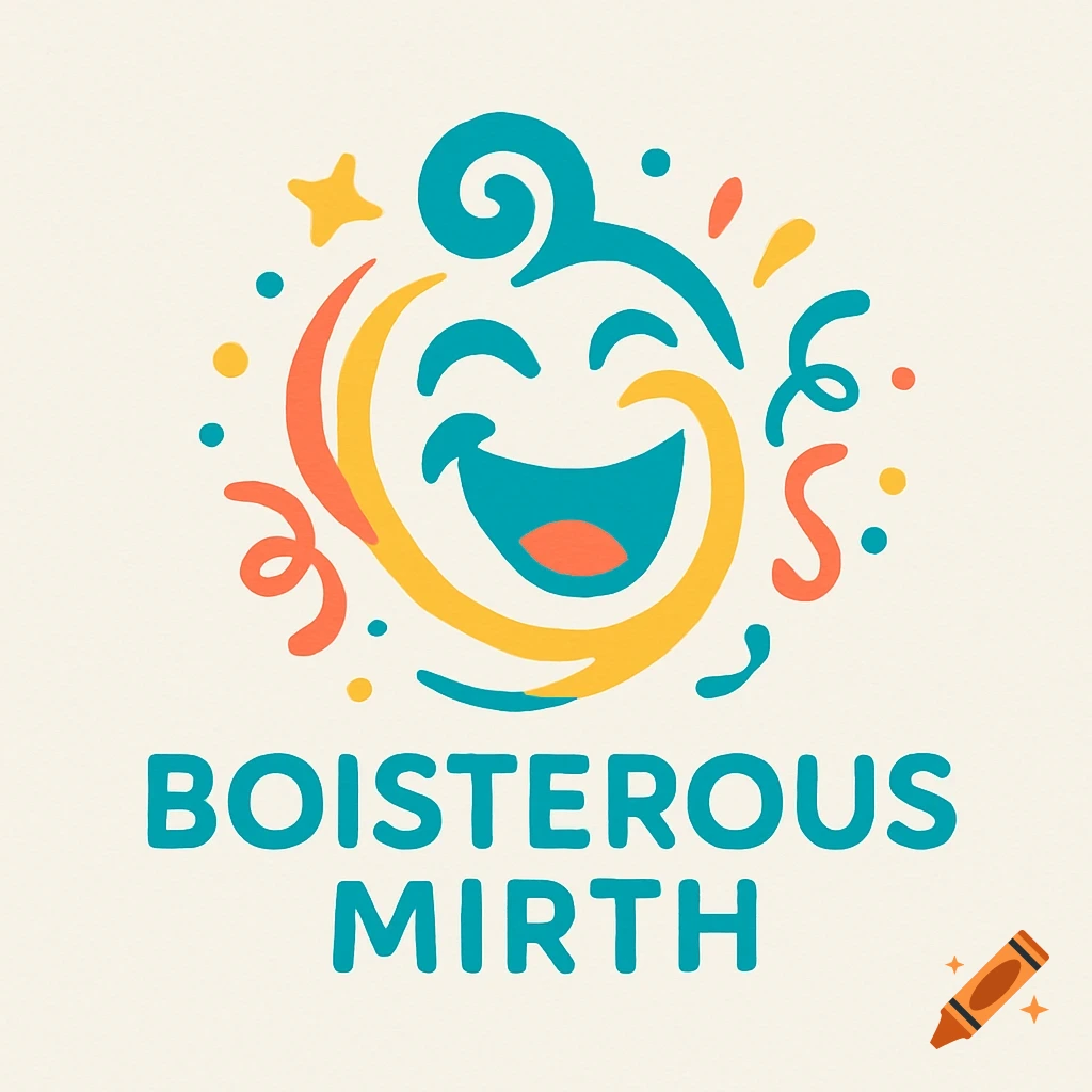 A colorful, abstract logo featuring a teal and yellow laughing face surrounded by orange confetti, with the text 'BOISTEROUS MIRTH' below.