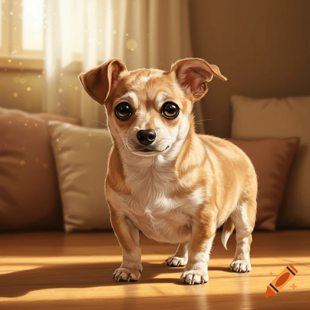 A cute, light brown and white chihuahua and dachshund mix puppy stands on a sunny wooden floor indoors.