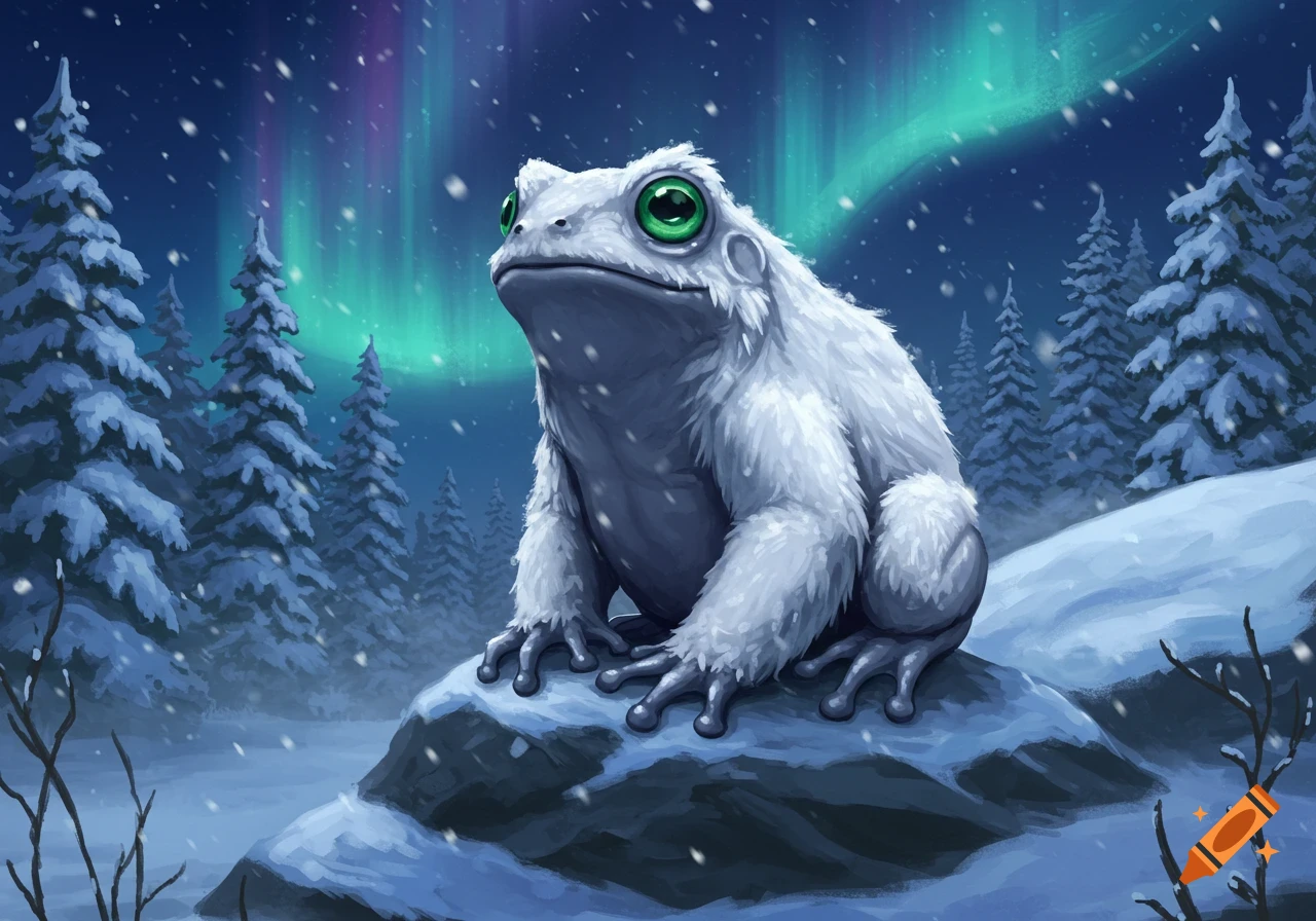 A white, furry frog with bright green eyes sits on a snow-covered rock in a winter forest, with snow falling and aurora borealis in the sky.