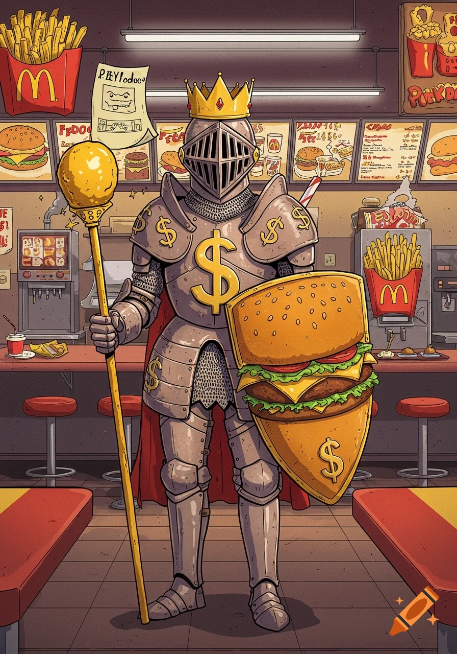 A knight in dollar-sign armor and a crown, holding a golden staff and a hamburger shield, stands in a McDonald's-like restaurant.