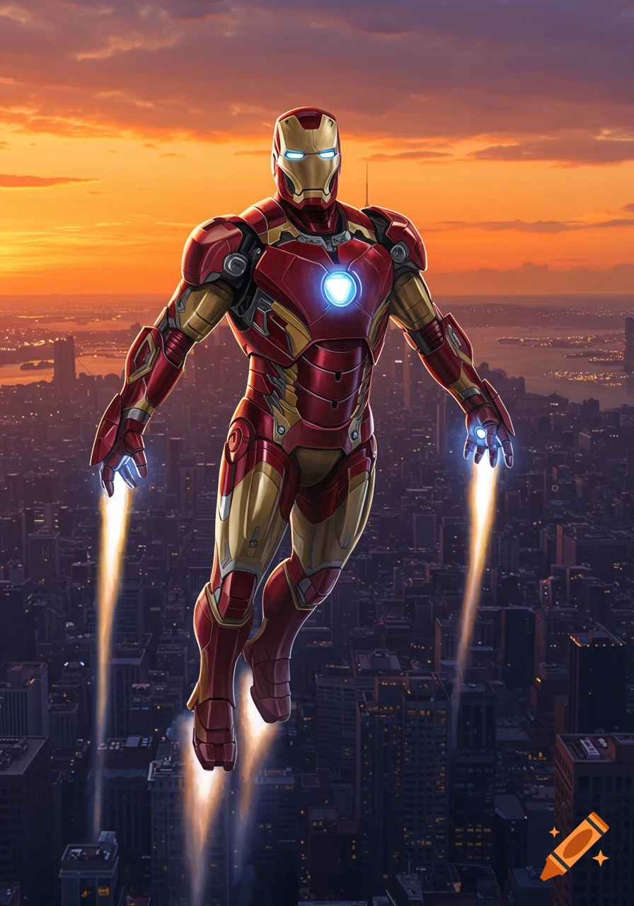 Iron Man in his red and gold suit flies over a city skyline at sunset, bright thrusters firing from his hands and feet.